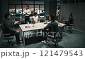 In the corporate office meeting room. Businesspeople and investors sit at desk. Late work in the office. Team of people working late meeting in office at night. 3d animation 121479543