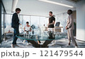Business people work together. Colleagues negotiating in modern office room. Business people colleagues or partners sitting at conference room. 3d animation 121479544