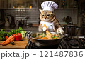 鍋をかき混ぜながら料理をしている猫のシェフ 121487836