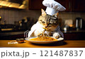 料理を食べている猫のシェフ 121487837