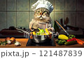 鍋をかき混ぜながら料理をしている猫のシェフ 121487839