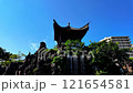 The forest management and the pavilion at Fukushu-en Garden against the backdrop of a clear blue sky (HD footage) 121654581