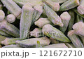 Top down view. A close-up of frozen okra, freshly taken out of the freezer and ready to be cooked. Slider shot. Food preparation and frozen vegetable themes. 4K 121672710