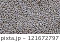 Top down view. Stack of peeled sunflower seeds. Slider shot. Flat lay. Food, nutrition, healthy eating, organic, snacks, ingredient concepts. 4k. 121672797