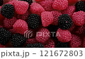 Top down view. Red and black berry marmalade candy. Berry shaped jelly. Desserts, snacks, sweets, confectionery treats concepts. 4k 121672803