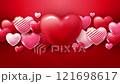 Red background on the theme of Valentine's Day. Abstract composition of 3D hearts in the center of the display. Big heart for text. Vector hearts template in the air. Looping love mockup. 4k	 121698617