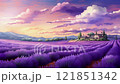 Lavender field with village house at sunset. 121851342