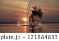 Silhouette Hair Flip with Sunset Water Arc 121884833