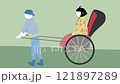 日本の和服を着た女性を人力車に乗せて引っ張っていく男性の動画ビデオイラスト素材 121897289