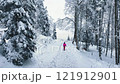 Aerial view of walking woman in red in winter forest in snowfall 121912901