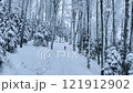 Aerial view of walking woman in red in winter forest in snowfall 121912902