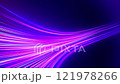 Glowing pink lines on blue background. Neon information stripes flying. High-speed big data transfer..Curved neon lines. Optical fiber blue and pink neon color. Blue background. 121978266