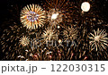 Closed-up of fireworks background with gold fireworks on midnight background. 122030315