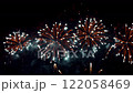 Closed-up of fireworks background with gold fireworks on midnight background. 122058469