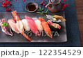 Individual portions of sushi, nigiri sushi, horse mackerel, tuna, shrimp, salmon, shirasu gunkan, etc. 122354529