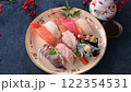 Individual portions of sushi, nigiri sushi, horse mackerel, tuna, shrimp, salmon, shirasu gunkan, etc. 122354531