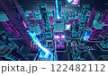 Futuristic city with towering skyscrapers and floating holographic 122482112