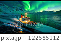Logistic ship cargo in northern sea wtih arora light in the sky. 122585112