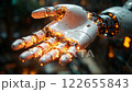 Hand of cyborg holding AI text with glowing particles futuristic technology concept 122655843
