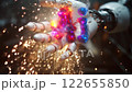 Hand of cyborg holding AI text with glowing particles futuristic technology concept 122655850
