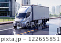 3d model of generic futuristic electric truck on highway. Future city background. Electric automobile. Realistic 4K animation 122655851