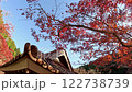 Autumn blue sky, roofs and autumn leaves 122738739