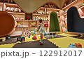 Toddler exploring a modern playroom filled with colorful toys, shelves, and cushioned seating areas 122912017