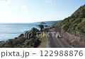 Coastal route 220 in Miyazaki Japan, Drone flight showing sea and road. 122988876