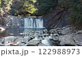 Drone Flight Over Serene Waterfall in Japanese Forest with Insects and Warm Sunlight 122988973