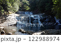 Drone Flight Over Serene Waterfall in Japanese Forest with Insects and Warm Sunlight 122988974