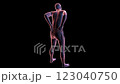 A man experiencing lower back pain, 3D animation highlighting the lumbar region and depicting discomfort, posture, and muscular strain. 123040750