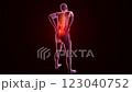 A man experiencing lower back pain with highlighted spine vertebrae, focusing on the lumbar region and spinal discomfort, 3D animation. 123040752