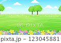 春暖花開的明亮草原風景影片_橫向捲軸遊戲背景_循環播放 123045881