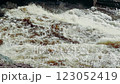 Powerful waterfall among mountain stones. Rapid flow of water in the river. Northern nature. Dangerous spring flood. 123052419