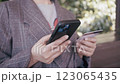 Close up female hands holding credit card and smartphone, shopping online. 123065435