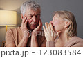 A couple engages in a heartfelt conversation, showcasing emotion and connection. The warm ambiance and soft lighting create a cozy environment during a quiet evening together 123083584
