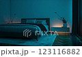 The bedroom features a double bed with LED lights installed behind the bedside table and a visual effect of the LED lights illuminating under the bed. 123116882