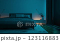 The bedroom features a double bed with LED lights installed behind the bedside table and a visual effect of the LED lights illuminating under the bed. 123116883