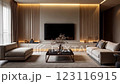 A sophisticated and modern living room features a balanced arrangement of furniture, including two plush sofas facing each other, a sleek black coffee table, and a large television 123116915