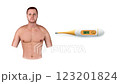 3D animation of fever symptoms, showing a man with visible sweating and a digital thermometer displaying 38.2, indicating an elevated body temperature 123201824