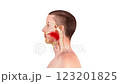 A medical illustration of a sore throat, showing inflammation, redness, and swelling in the throat, tonsils, and pharynx, highlighting pain and difficulty swallowing. 2d, 3d 123201825