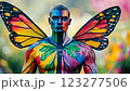 Artistic male model showing colorful body painting and butterfly wings 123277506
