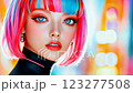 Glamorous girl with colorful hair posing in front of blurred lights 123277508