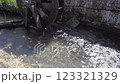 Scenery of a waterway with a waterwheel turning 123321329