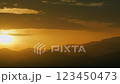 Panorama Mountains Landscape With Sun Shining Through Mountain Peaks. Real time. 123450473