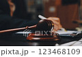 Male lawyer working with contract papers and wooden gavel on tabel in courtroom. justice and law ,attorney, court judge, concept. 123468109