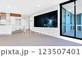 Bright room with an abstract, interactive screen, mockup 123507401