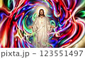 Spiritual Scene Featuring a Figure in White Robes with Colorful Background 123551497