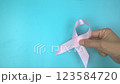 Footage video 4k. Hands holding pink ribbon on blue background. Breast cancer Awareness, male breast cancer disease, World Cancer Day. Healthcare or hospital and insurance concept. 123584720