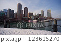 View of Boston cityscape with skyscrapers seen from Fan Pier Park on a winter day 123615270
